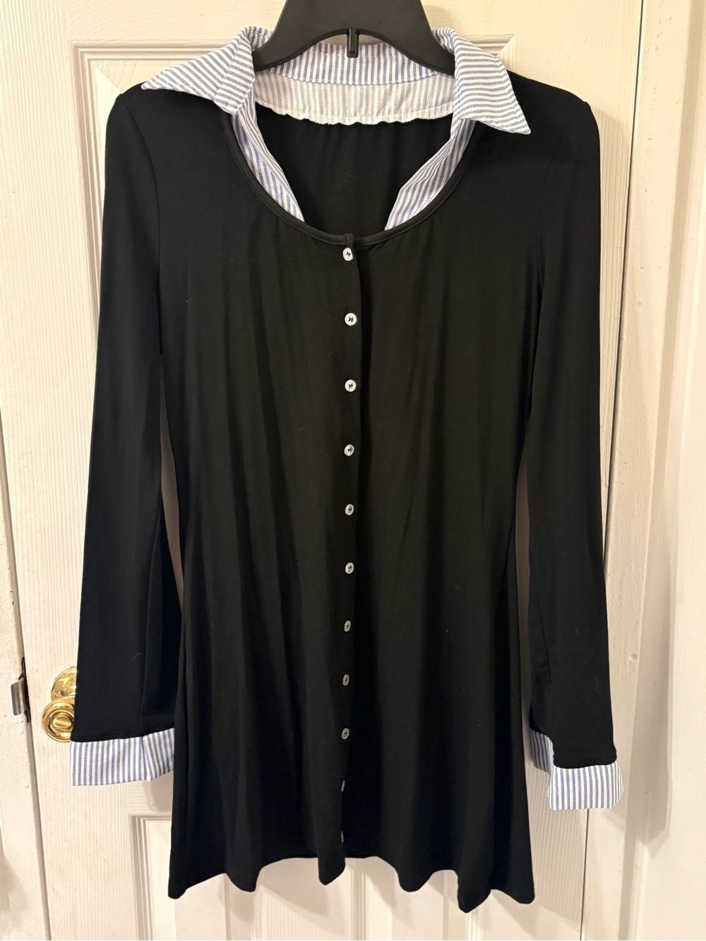 SHEIN Black Long-Sleeve Button Dress with Blue & White Striped Collar and Cuffs